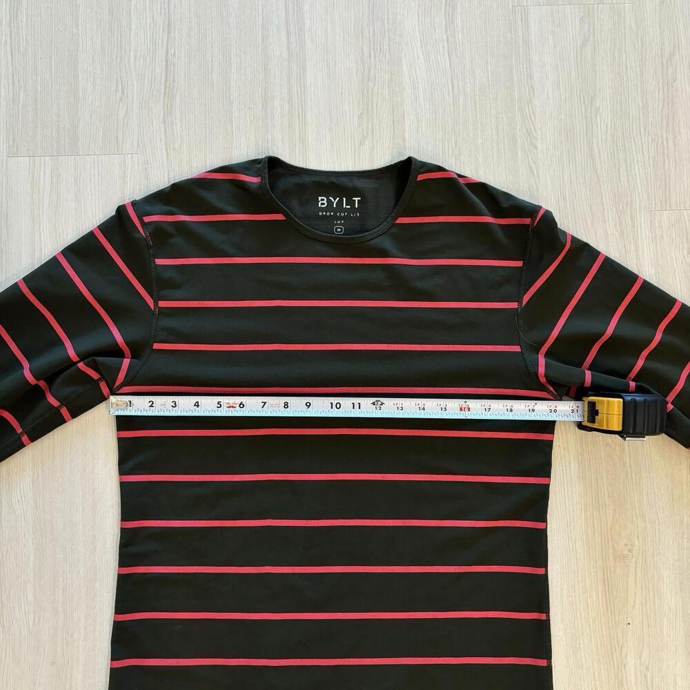 Men’s BYLT Basics Green And Red Striped Long Sleeve Shirt - Size M -Drop Cut Lux - Picture 5 of 6